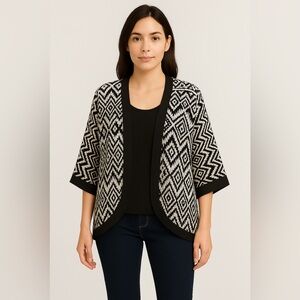 Monteau Kimono Cardigan Black White Geometric Open Front Women’s Size Medium M